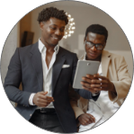 interpretive research institute Two black scholars in suits looking at a tablet.